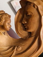 Mother Mary Holding Baby Jesus Composite Wood Carved Tan Free Standing Vintage  picture