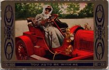 Vintage 1909 Greetings Postcard Woman Driving Red Car 