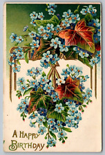 Postcard Embossed Happy Birthday Wishes With Blue Flowers Ivy Mix VTG c1909  H18 picture