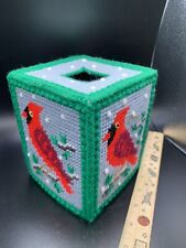Vintage Needlepoint Tissue Box Cover Christmas Handmade Kitsch Cardinal Winter picture