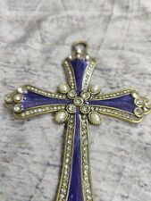 Vintage Cross Crucifix Purple Inlay Unknown Gemstones Metal Jesus Christian picture