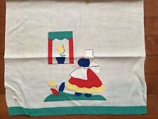 Vintage Kitchen Linen Tea Towel Applique Dutch Girl Tulips Bright Primary Colors picture