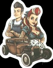 Semi Nude Color Pin Up Sticker- Man- Woman- Hot Rod Car- Rockabilly Pair- Dice picture