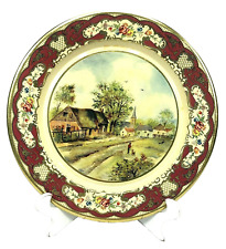 Vintage Daher Decorated Ware 8” Round Tin Tray Holland Man Dog Village Red Gold picture