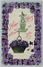 Greetings~Purple Lilacs & Basket of Flowers Happy Hours~Vintage Postcard picture