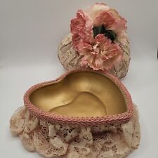 Vintage Champagne Lace Covered Heart Shaped Golden Keepsake Box picture