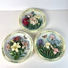 Vintage Beautiful Gardens Bradford Lot Of 3 3D Plates Cottagecore Flowers Peony picture