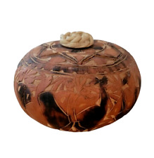 Vintage Peruvian Folk Art Hand Carved Gourd w/Lid Lamas & Palm Trees Trinket Box picture