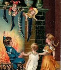 Christmas Children Dancing at Fireplace Stockings Milwaukee WI 1907 Postcard picture