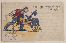1907 Farmer Pushing Drunk Man In A Wheelbarrow Yes I Got Home, Comic Postcard picture