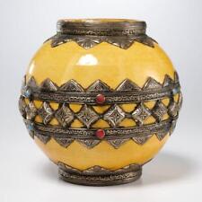 Vtg Moroccan Yellow Pottery Vase Jar with Silver Overlay & Cabochons 8