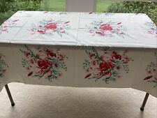 VINTAGE 50S BEAUTIFUL RED & PINK IRIS BLUE DAISY TABLECLOTH COLLECTORS PCS 55X66 picture