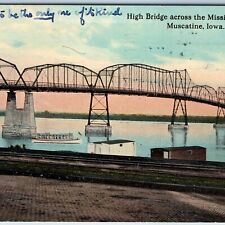 c1910s Muscatine IA High Bridge Mississippi River Railway Train Tracks Boat A216 picture