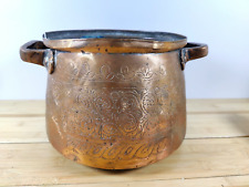 Large Antique Primitive Etched Copper Cauldron Kettle Pot With Repairs On Base picture