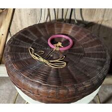 Round Woven Wicker Asian Sewing Basket With Vintage Notions  picture