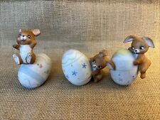 VINTAGE SET OF 3 ENESCO EASTER BUNNY RABBIT WITH EGG 3.25” & SMALLER BISQUE FIGU picture