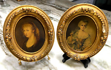 Antique Miniature Art Nouveau Vintage 2 Ladies Portraits,Gold Carved Wood Frames picture
