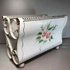 Vintage Tole Metal Magazine Rack WHITE Pink Roses & Blue Ribbon Wooden Feet picture