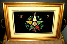1920s EASTERN STAR MASONIC TRAY REVERSE PAINTED GLASS FOIL SILHOUETTE GILT WOOD picture