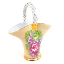 Porcelian Basket Vase Hand Painted Gold Trim, Pink Floral with Handle, 9