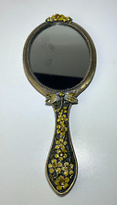 Hand Mirror - Brass & Enamel ornate with Dragon fly & flowers - Gold & Yellow picture