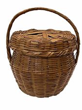 Retro Mini Handwoven Basket With Lid And Handle 1970s Vintage Split Bamboo picture