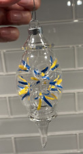 Vintage HandBlown Art Glass Ornament Trumpet Indented Teardrop Blue/Yellow COOL picture