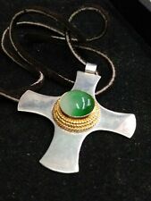 Wonderful Large Vintage Sterling Cross With Green Cabochon picture