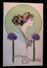 Art Deco~ Pretty Lady with Flowers ~Antique Christmas Postcard-k168 picture