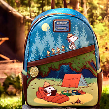 ✿ New LOUNGEFLY PEANUTS Backpack BEAGLE SCOUTS CAMPER Snoopy Woodstock Camping picture