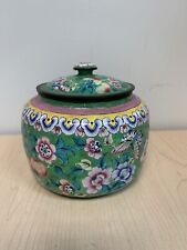Vintage Chinese Cloisonné Jar With Lid Green Blue Pink Yellow Read Description  picture