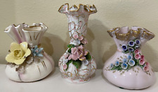 Vintage Lot of 3 Handpainted Lefton Vases- pink and gold, roses, fluted picture