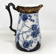 Antique Victorian CWS Flow Blue Floral Rose Gold Gilt Porcelain Pitcher Jug OC23 picture