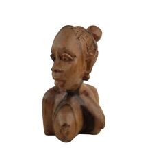 African Woman Bust Sculpture Hand Carved Solid Wood Vintage c1970s 1980s picture