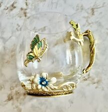 Flower Tea Cup Clear Glass Gold With Butterflies And Jewels With Tea Spoon picture