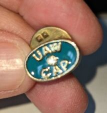 UAW Cap Pin Blue Center Rhinestone Inlay Gold Tone - Vintage picture