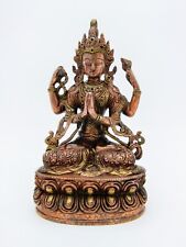 Vintage Copper Gilt Buddhism 4-Arms Chenrezig Avalokiteshvara Buddha Statue picture