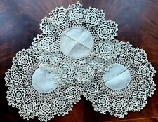 3 Vgt Antique Ivory Satin Embossed Needle Lace Table Doilies Round Floral  picture