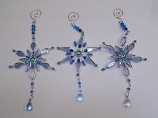 Snowflake Christmas Ornament Tree Holiday Set 3 Lot Metal Blue Beads Silver Big picture