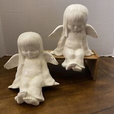 Vintage Christmas Angels Ceramic Shelf Sitting Figurines Glazed 6.5” Lot of 2 picture