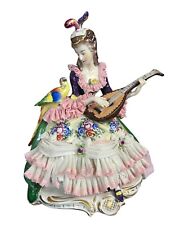 Vintage Dresden Lace Volkstedt Figurine Woman With Parrot & Mandolin 9.5” picture