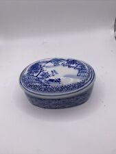 vintage asian porcelain blue white trinket box from China mountains oval lidded  picture
