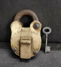 OLD ANTIQUE RARE L.C. KANHIA LALCO BOMBAY BRASS PADLOCK WITH KEY, RICH PATINA picture