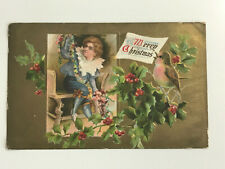 Postcard Merry Christmas Holly Singing Bird Embossed c1910's picture
