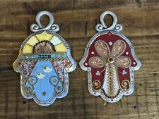Ester Shahaf Painted Pewter Hamsa’s -Red Flower And Iris Design Hebrew Blessings picture
