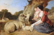 Art Oil painting Shepherdess-and-Child-Feeding-Sheep-Richard-Ansdell-Oil-P picture