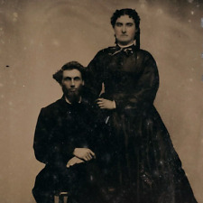 Fancy Young Goth Couple Tintype c1870 Antique 1/9 Plate Photo Woman Man A1269 picture