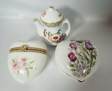 Vintage Hinged Trinket Boxes Lot Of 3, Hearts, Teapot Porcelain Floral Patterns picture