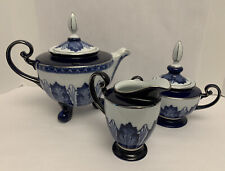 BOMBAY BLUE WHITE & SILVER PORCELIAN TEA SERVICE-TEA POT, SUGAR, CREAMER VINTAGE picture