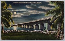 Florida Overseas Highway Bridge Pigeon Key Moonlight Night View Linen Postcard picture